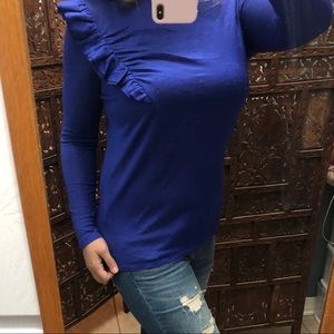 MANGO Electric Blue Ruffle Semi Sheer Blouse Top